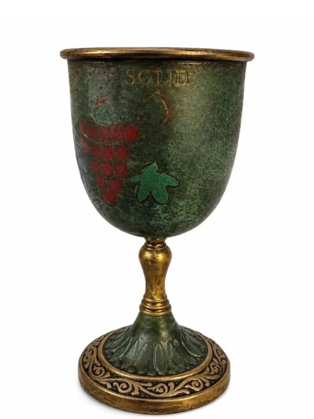 Vintage IVANROS Tijuana Mexico Metal Chalice Goblet Green Gold Grape Patina